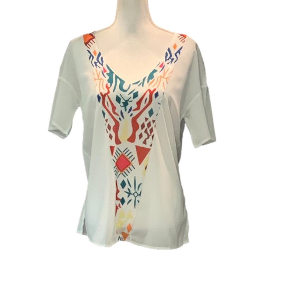 White Short Sleeve Bold Colored Design Top NWOT